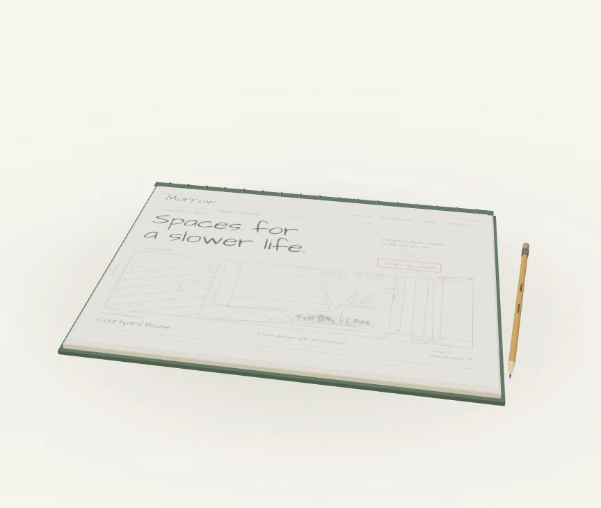 A pencil sketch for the fictional Morrow Studio website: brand and navigation above an editorial headline, courtyard image and project row.