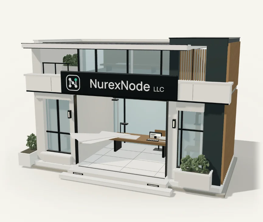 Room to think. Space to build. Design and engineering, working under one roof. An illustrative studio building with the NurexNode logo and full NurexNode LLC name above its entrance.